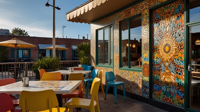 A vibrant, artsy cafe with a mosaic-tiled exterior.
