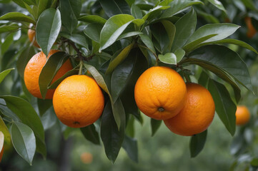 Bright orange fruits hang from a tree amid vibrant green leaves. The oranges are ripe and ready for picking in this lush setting.