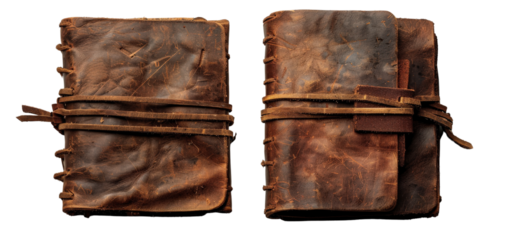 Two old leather-bound journals, tied with twine.