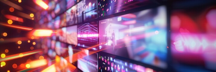 A close-up view of multiple video screens displaying a variety of colorful and dynamic streaming content. Generative AI