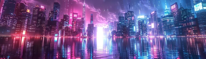 Obraz premium VR travel experience, exotic digital landscapes, futuristic cityscape, high detail, neon accents, 3D rendering, vibrant colors, cyber elements