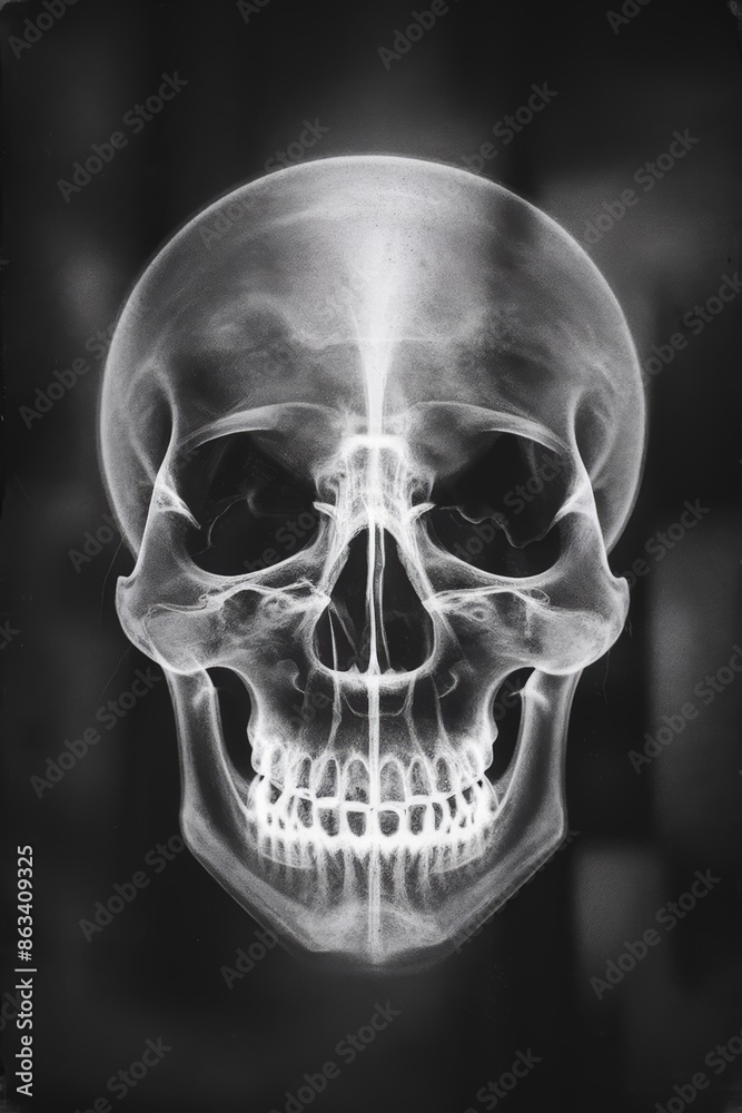 Poster a black and white photo of a skull with teeth, ai