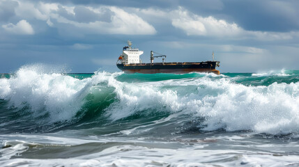 A large ship is sailing through rough waters