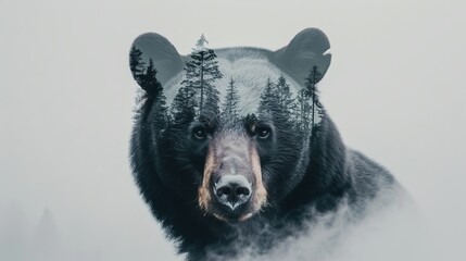 Black bear's face emerges from the forest, trees blending into fur, a seamless double exposure of nature's unity