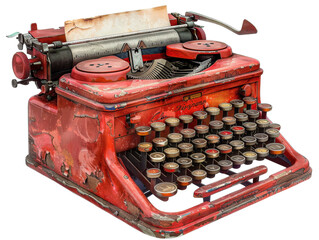 A vintage red typewriter with worn keys and a blank sheet of paper.
