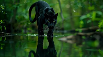 Black panther on the hunt, walking through a water forest with dense foliage, its reflection perfectly mirrored in the water