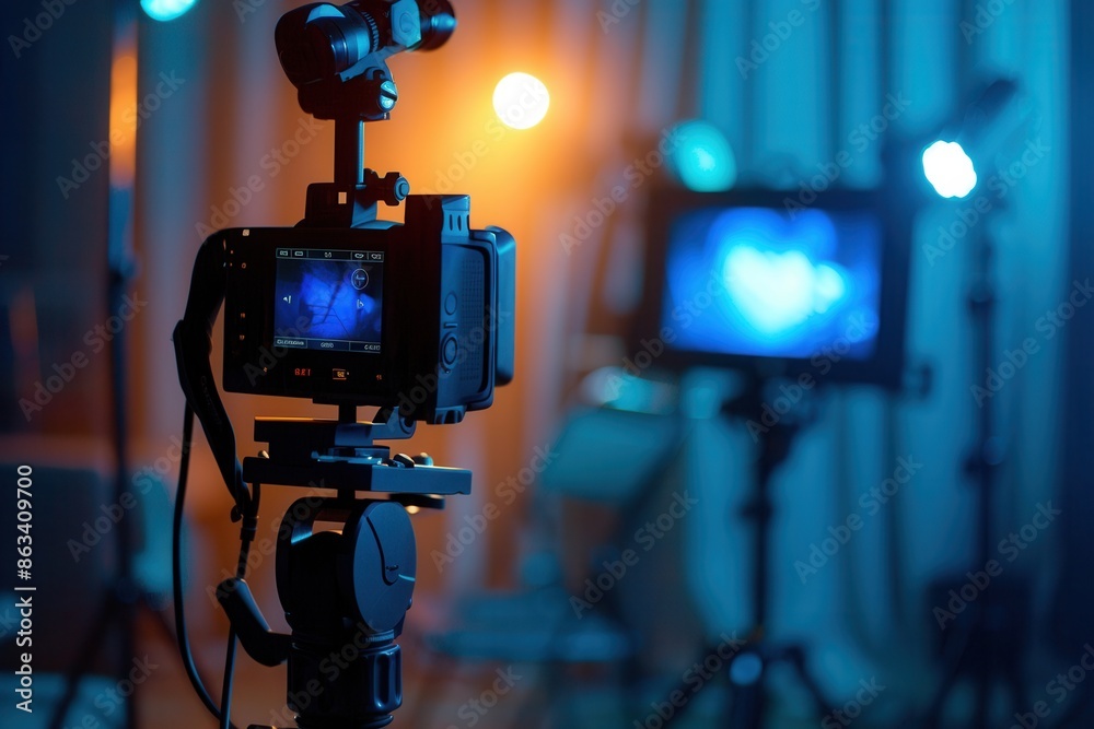 Aufkleber a professional video camera with a microphone is set up on a tripod, ready to capture vibrant and dy