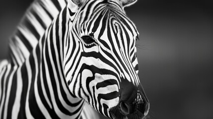 Fototapeta premium Close-up of a zebra stallion's head in an African meadow, intricate black & white detail, focus on unique stripe patterns