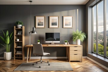 Posters on grey wall above wooden desk with computer monitor in open space interior