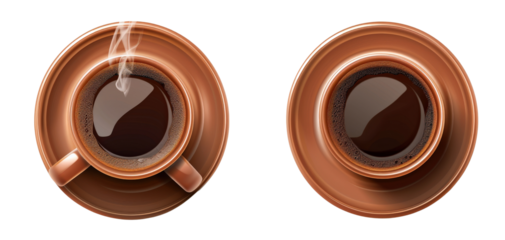 Two coffee cups with steam, one with a saucer, the other without.