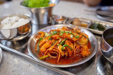 Korean cuisine, Kimchi pork stir-fry with vegetables served with a side of steamed white rice topped with black sesame seeds, asian food culture