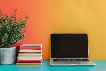 Fototapeta premium A laptop sits open on a teal desk, next to a stack of textbooks, against a colorful wall. Generative AI