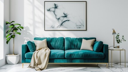 Modern Living Room with Teal Sofa and Abstract Art, Generative AI