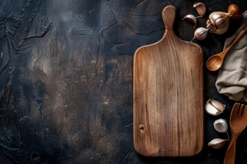 rustic wooden cutting board with garlic cloves on dark textured background
