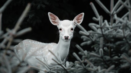 Fototapeta premium Delicate young white deer amidst eerie dark trees, subtle light highlighting its features, black background