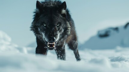 Naklejka premium Detailed shot of a black wolf growling menacingly, surrounded by the pristine, snowy landscape of the North Pole
