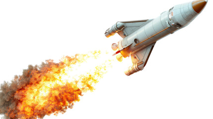 A white spaceship blasts off into space, leaving a trail of fire and smoke behind it.