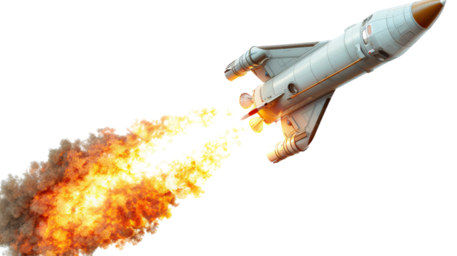 A white spaceship blasts off into space, leaving a trail of fire and smoke behind it.