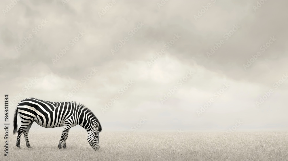 Wall mural graceful zebra stallion grazing in an open african meadow, elegant black & white shot, emphasis on t