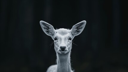 Fototapeta premium Innocent young white deer in a dense dark forest, illuminated by faint light, black background