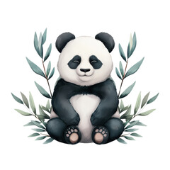 A cute panda bear sitting in a peaceful pose amidst leafy branches. The panda has a serene expression.