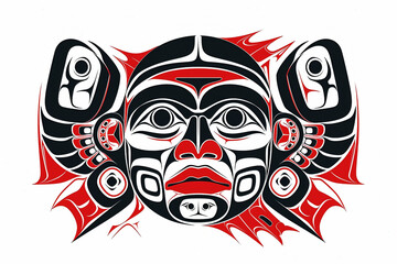 Traditional Inuit Haida folk art of a stylized face mask in textured black, white and red for logo or tattoo.  Pacific Northwest Hida art.