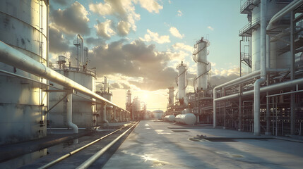 Obraz premium Oil Refinery Plant with Storage Tanks and Pipelines on a Sunny Day