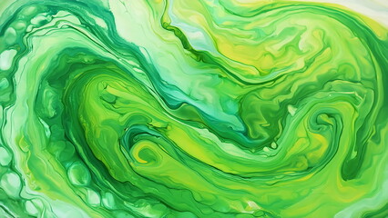 Obraz premium Abstract green and yellow swirl paint background. Fluid art texture. Marbled effect. Design element.