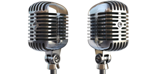 Two vintage microphones isolated on black background.