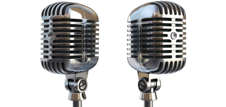 Two vintage microphones isolated on black background.