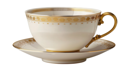 Elegant white teacup and saucer with gold trim and delicate floral pattern.  Perfect for a classic afternoon tea setting.