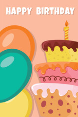 Happy Birthday card with bright balloons and creative cake.