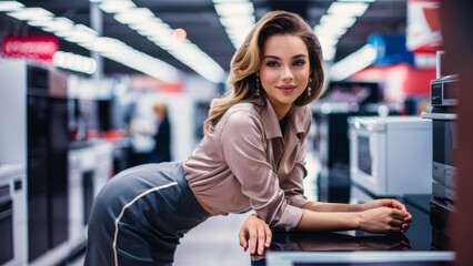 Fototapeta premium A woman leaning over a counter in an appliance store, AI