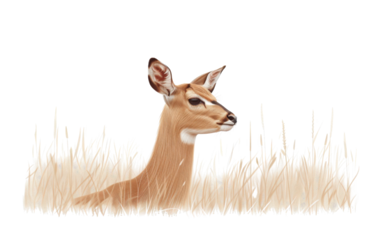 A young deer with large ears peeks out from tall grass, looking alert and curious.
