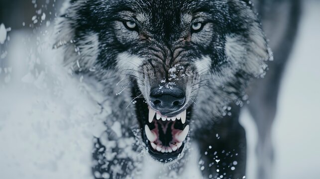 Snarling black wolf in a dramatic close-up, frosty breath visible in the cold air, set in the snowy North Pole