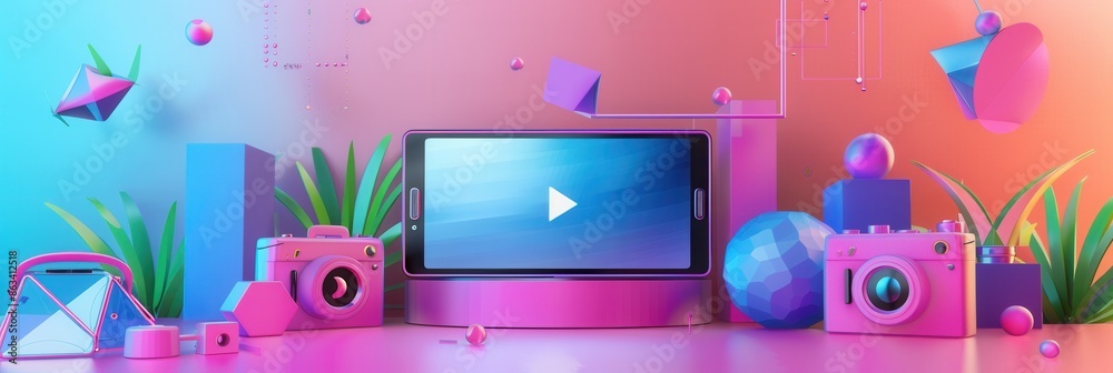 Poster A colorful and modern studio setting with a tablet displaying video streaming, perfect for vloggers and content creators. Generative AI
