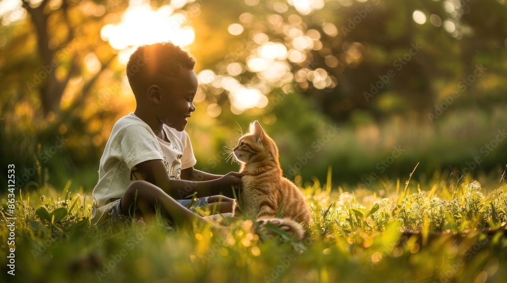 Wall mural A young boy is sitting on the grass with a cat. The boy is smiling and the cat is looking at him. The scene is peaceful and happy