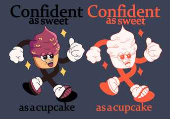 Set of groovy mascot cartoon illustrations of cute and cheerful cupcakes accompanied by positive words and made to resemble 2-color psychedelic poster art