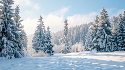 Winter holiday magic with snowy landscape and evergreen trees