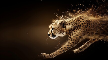 Majestic cheetah, golden dust cloud, low poly mash lines, dark background, flames design, hunting focus, capturing motion