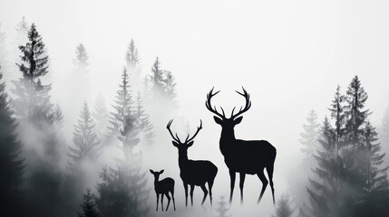 Majestic deer with intricate antlers, doe, and fawn in a mystical misty forest, surrounded by tall coniferous trees, black and white silhouettes