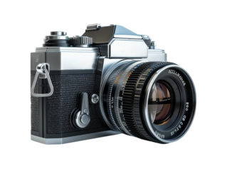 A vintage film camera with a silver and black finish and a large lens.