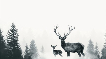 Majestic deer with intricate antlers, doe, and fawn in a mystical misty forest, surrounded by tall coniferous trees, black and white silhouettes