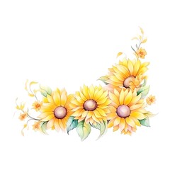 Naklejka premium Beautiful watercolor illustration of bright yellow sunflowers with green leaves and delicate branches, perfect for greeting cards and decoration.