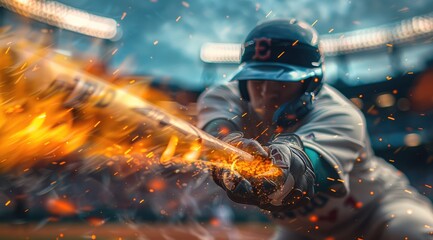 High energy moment: A baseball on fire soaring through air with players , capturing the essence of the excitement and power of baseball, highlighted by the striking image of a flaming ball in motion.