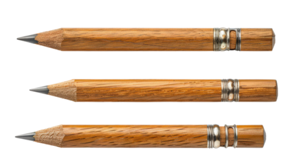 Three wooden pencils with metal accents arranged horizontally.  The pencils are sharp and ready to use.
