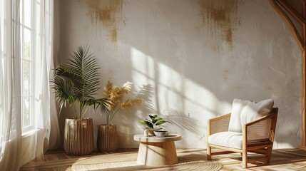 Home interior mock-up with armchair, table and decor in living room, arabic interior design