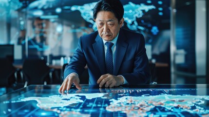 A man in a suit is looking at a screen with a map of the world on it
