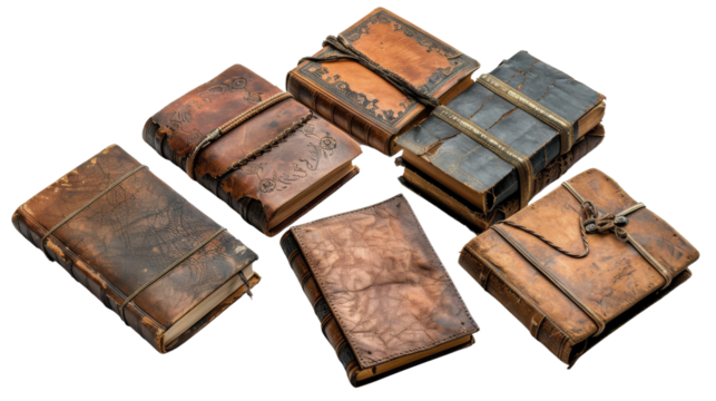 A collection of six leather-bound journals, each with unique and intricate designs.