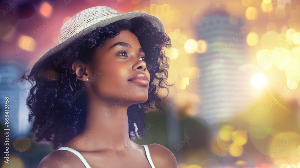Wall mural a woman with curly hair and a white hat is smiling - Wall murals